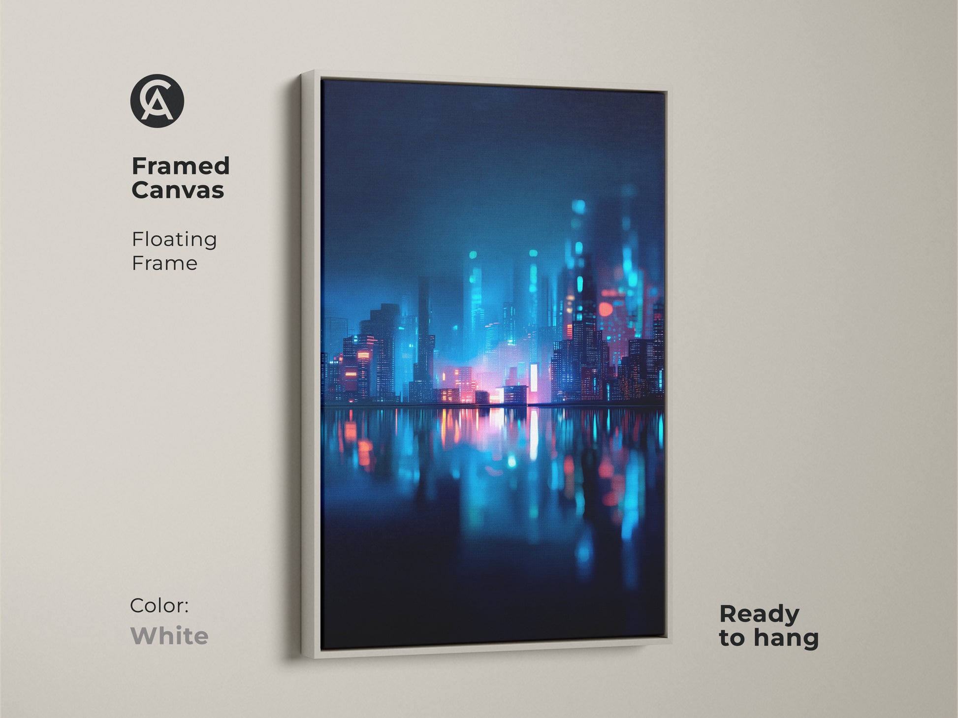 Framed canvas art with a floating frame in white. The artwork displays a neon cityscape reflecting on water. Ready to hang this piece brings a clean modern look. Perfect for contemporary interiors.