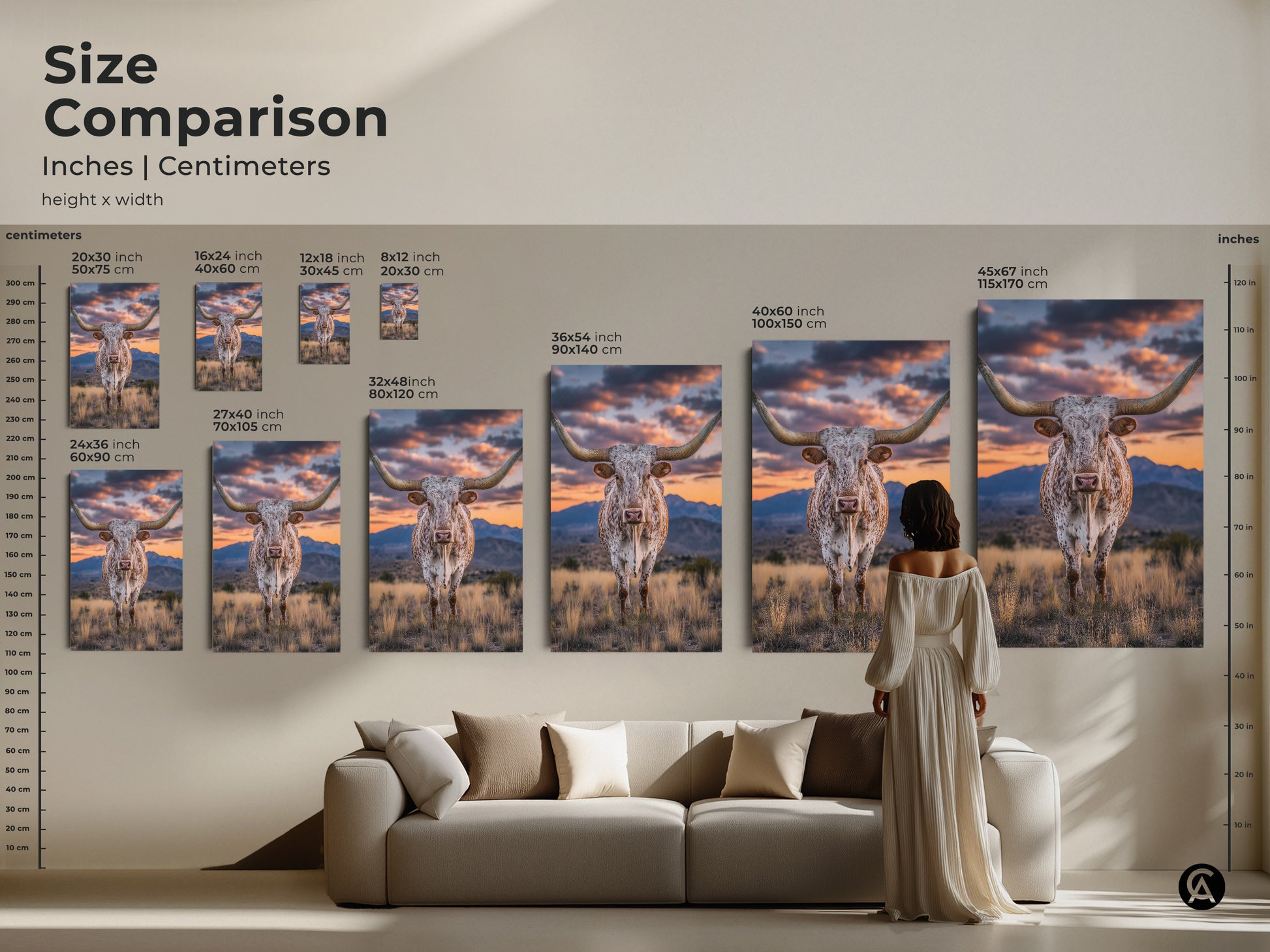 Size comparison of longhorn steer canvas art in inches and centimeters. See how the rustic western landscape fits above a couch. This farmhouse artwork is perfect for a living room. It's a unique cowboy gift.