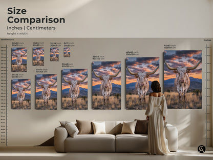 Size comparison of longhorn steer canvas art in inches and centimeters. See how the rustic western landscape fits above a couch. This farmhouse artwork is perfect for a living room. It's a unique cowboy gift.