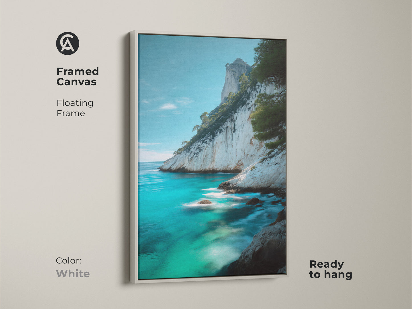 White framed canvas featuring coastal cliff canvas print of azure ocean. This ocean seascape wall art brings turquoise blue beach art. The framed floating frame is ready to hang and perfect for modern beach art decor