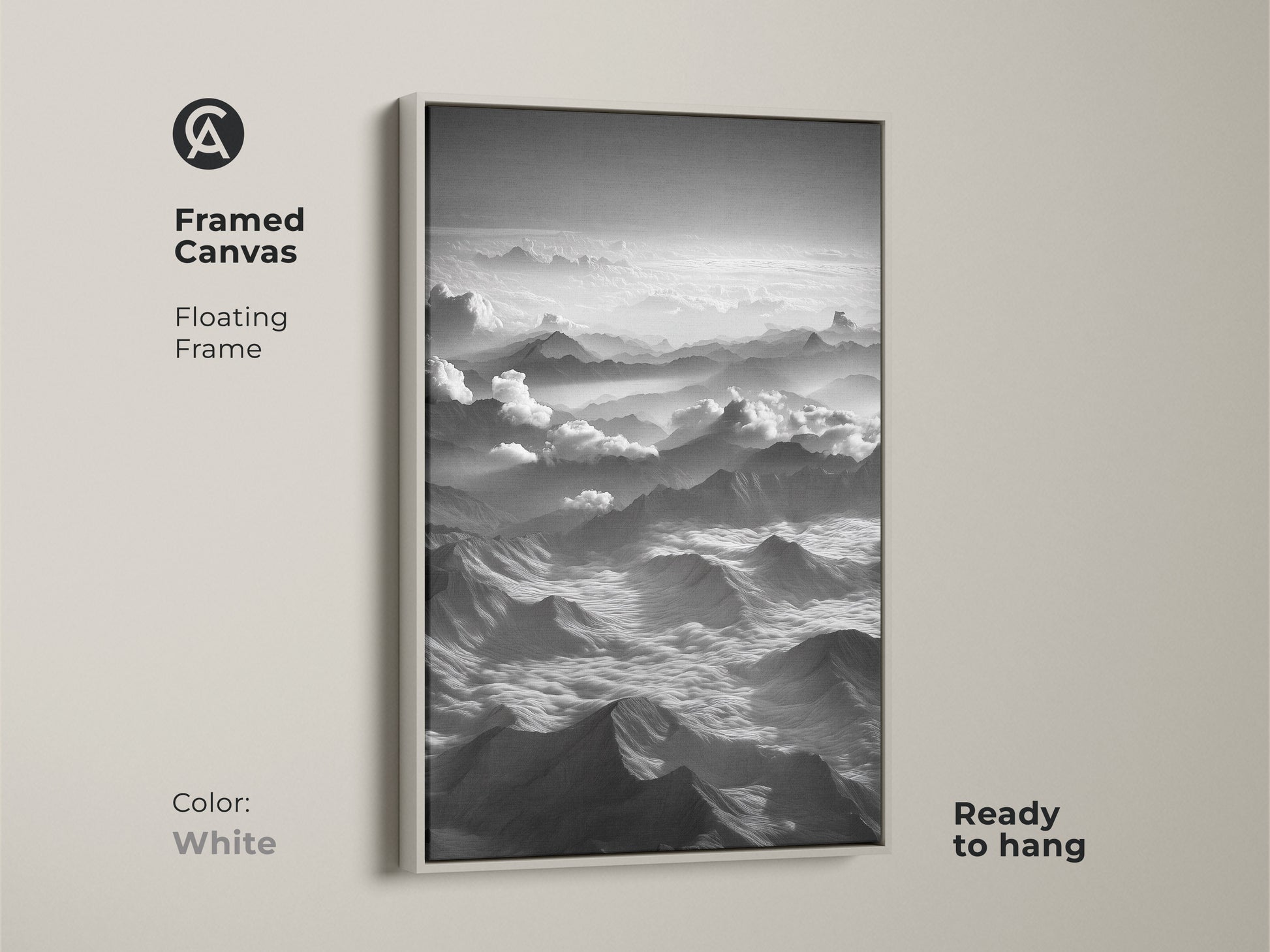 Framed canvas print featuring black and white mountain artwork. The minimalist cloudscape wall decor has a white floating frame. This contemporary nature art is ready to hang. A modern home office art.