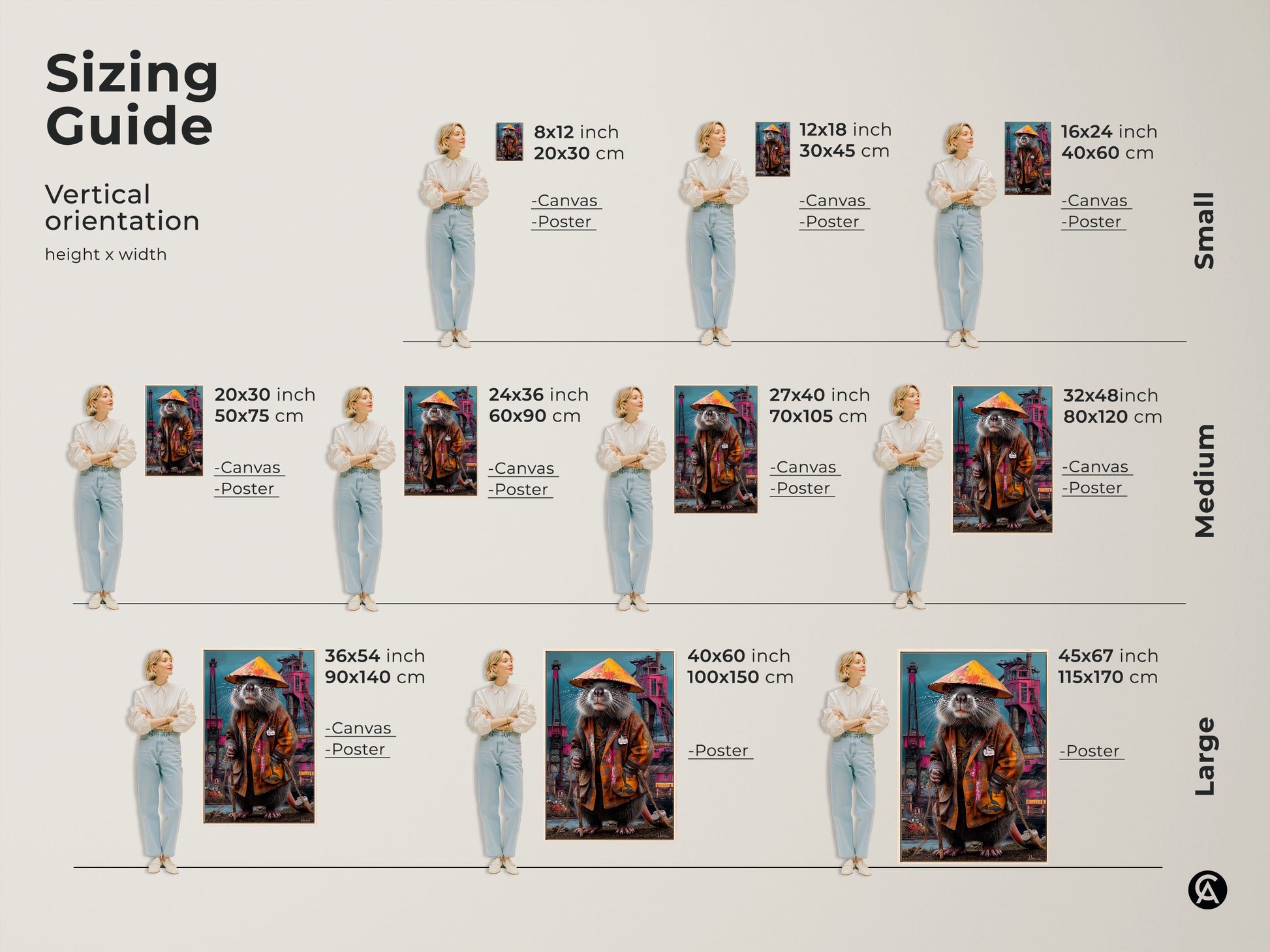 Sizing guide illustrating vertical orientation height x width. It showcases the surreal rat king canvas and poster in different sizes from small medium to large art prints for versatile wall decor options.