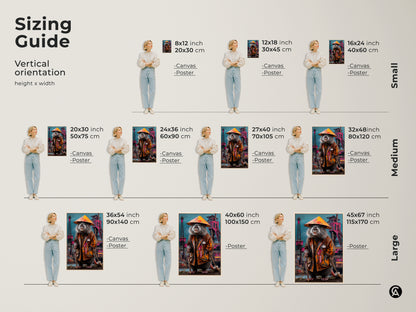 Sizing guide illustrating vertical orientation height x width. It showcases the surreal rat king canvas and poster in different sizes from small medium to large art prints for versatile wall decor options.