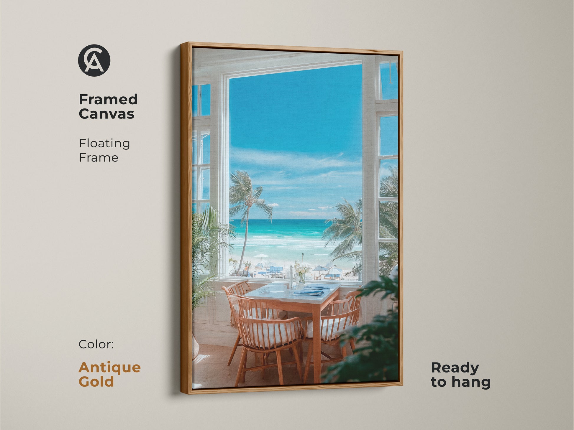 Framed canvas art with a floating frame in antique gold. The artwork captures a beautiful beach view. This beach view is seen through a window. Ready to hang this piece adds a touch of luxury and sophistication. The gold frame enhances the artwork's beauty.