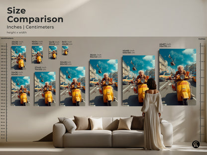 A size comparison shows various dimensions of the elderly woman on a scooter art print. This guide in inches and centimeters helps visualize how the canvas or poster artwork will look in different room sizes.