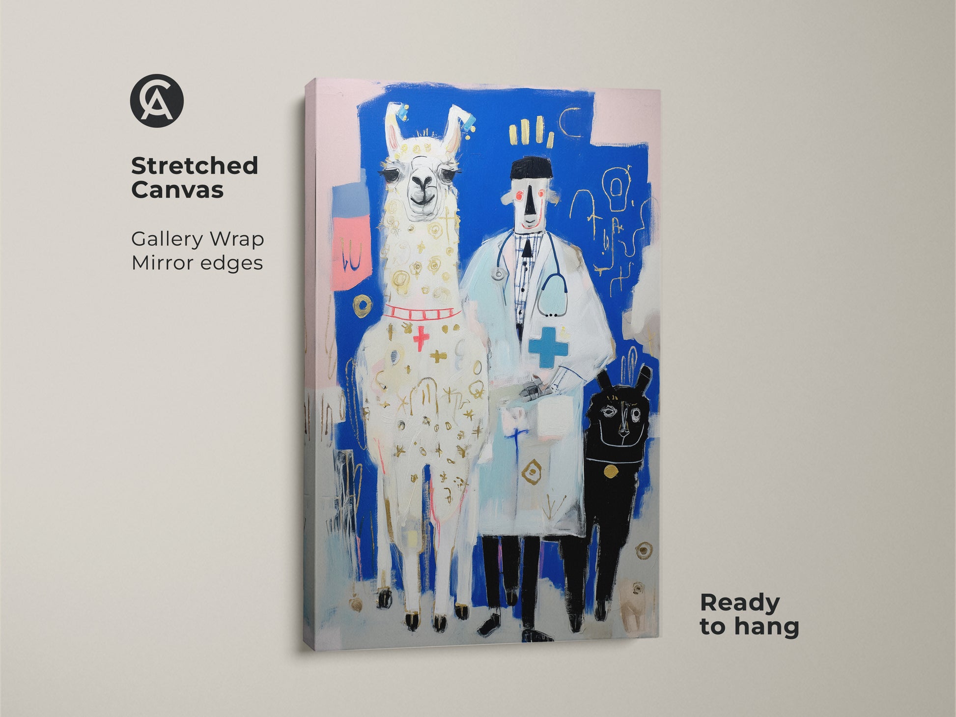 Stretched canvas print of the Llama Doctor Art. This gallery wrapped canvas has mirrored edges and arrives ready to hang. Perfect as a quirky veterinarian gift idea or modern office wall art.