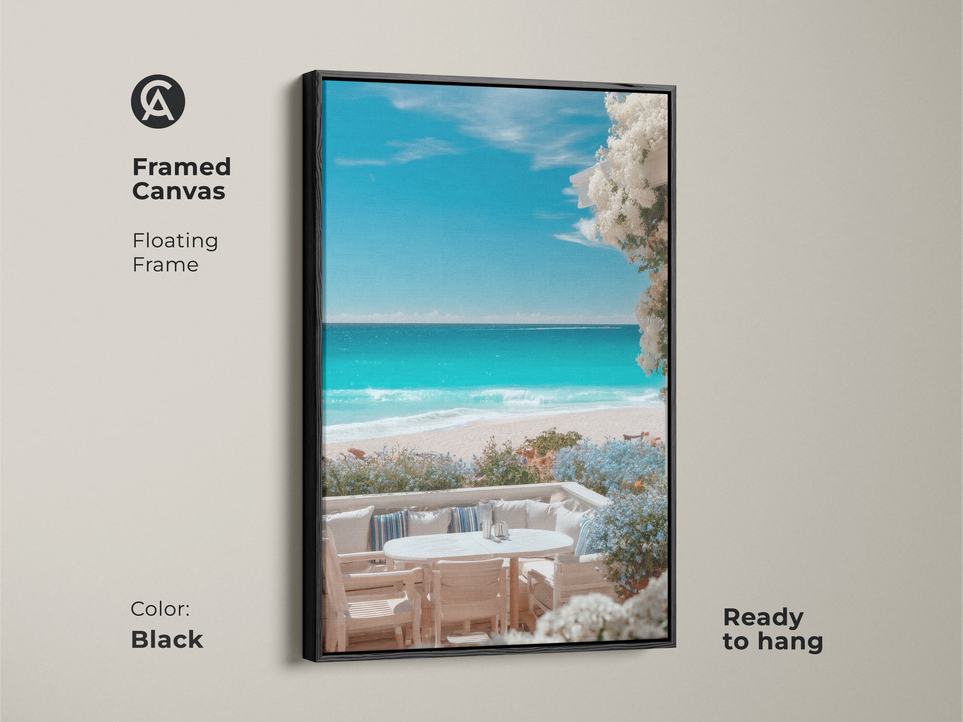 Framed canvas art featuring a serene beach view. The floating black frame enhances the artwork's beauty. Ready to hang this beach scene offers a relaxing coastal vibe perfect for bringing a touch of the ocean to your walls.