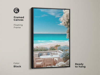Framed canvas art featuring a serene beach view. The floating black frame enhances the artwork's beauty. Ready to hang this beach scene offers a relaxing coastal vibe perfect for bringing a touch of the ocean to your walls.