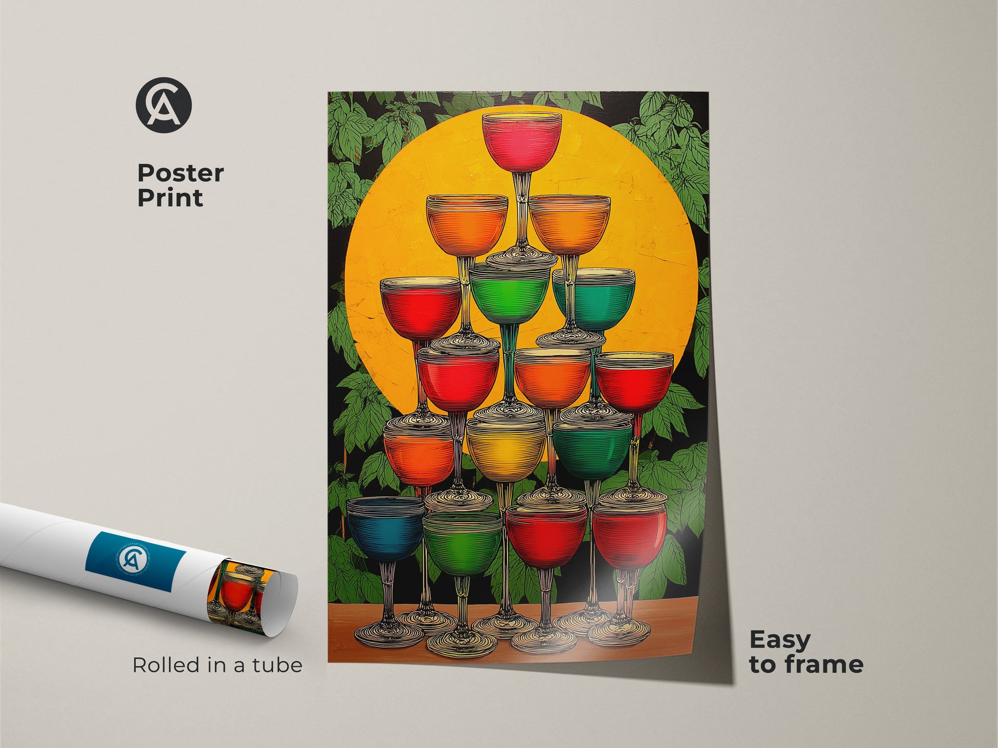 Poster Print of Art Deco Champagne Tower art ready to frame. The colorful cocktail glasses create a fun vibe. Ideal yellow orange and green bar decor. Rolled in a tube this eclectic home gift is easy to frame.