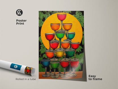 Poster Print of Art Deco Champagne Tower art ready to frame. The colorful cocktail glasses create a fun vibe. Ideal yellow orange and green bar decor. Rolled in a tube this eclectic home gift is easy to frame.