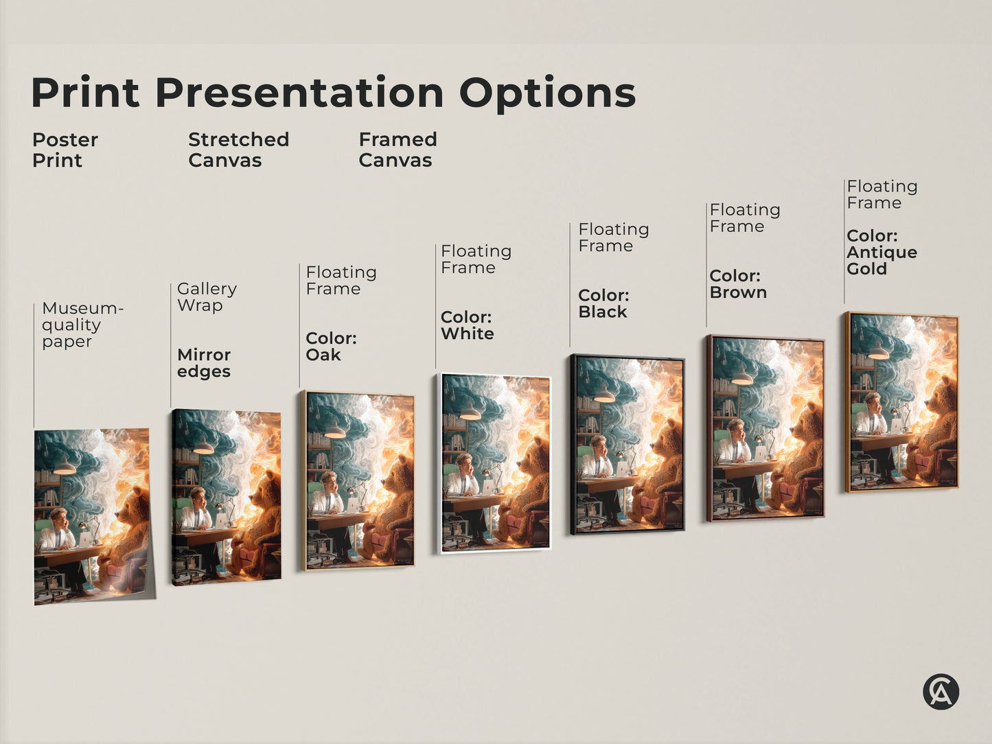 Print presentation options for surreal canvas art. Choose from poster print stretched canvas or framed canvas. Select a floating frame in oak white black brown or antique gold. Each offers museum quality edges for a polished look.