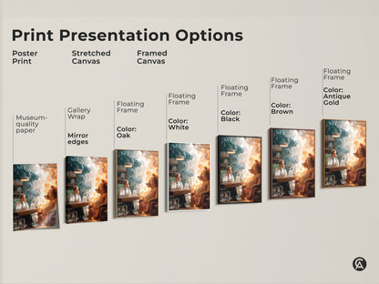 Print presentation options for surreal canvas art. Choose from poster print stretched canvas or framed canvas. Select a floating frame in oak white black brown or antique gold. Each offers museum quality edges for a polished look.