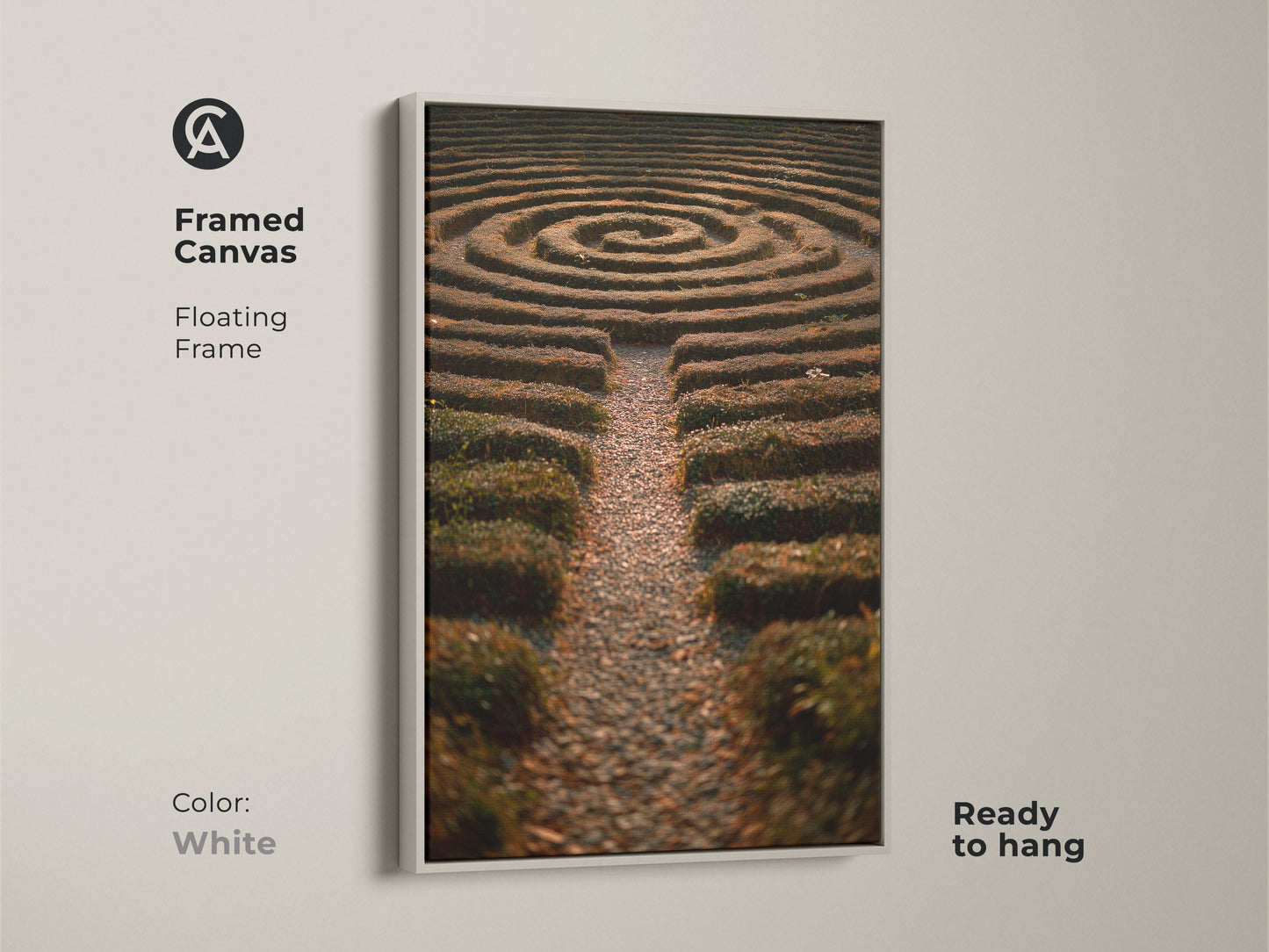Print presentation options include poster prints stretched canvas and framed canvas. Choose from floating frame colors oak white black brown and antique gold. This nature photography art showcases a hedge maze garden. It is perfect for boho home decor or a housewarming gift.