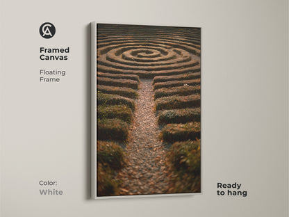 Print presentation options include poster prints stretched canvas and framed canvas. Choose from floating frame colors oak white black brown and antique gold. This nature photography art showcases a hedge maze garden. It is perfect for boho home decor or a housewarming gift.
