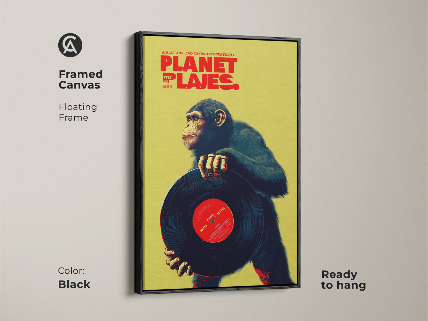 Framed canvas featuring a chimpanzee holding a vinyl record art print in a black floating frame. This eclectic animal artwork adds a retro music vibe to your space. The vibrant lime and red colors make it a unique piece for a den or office wall decor.
