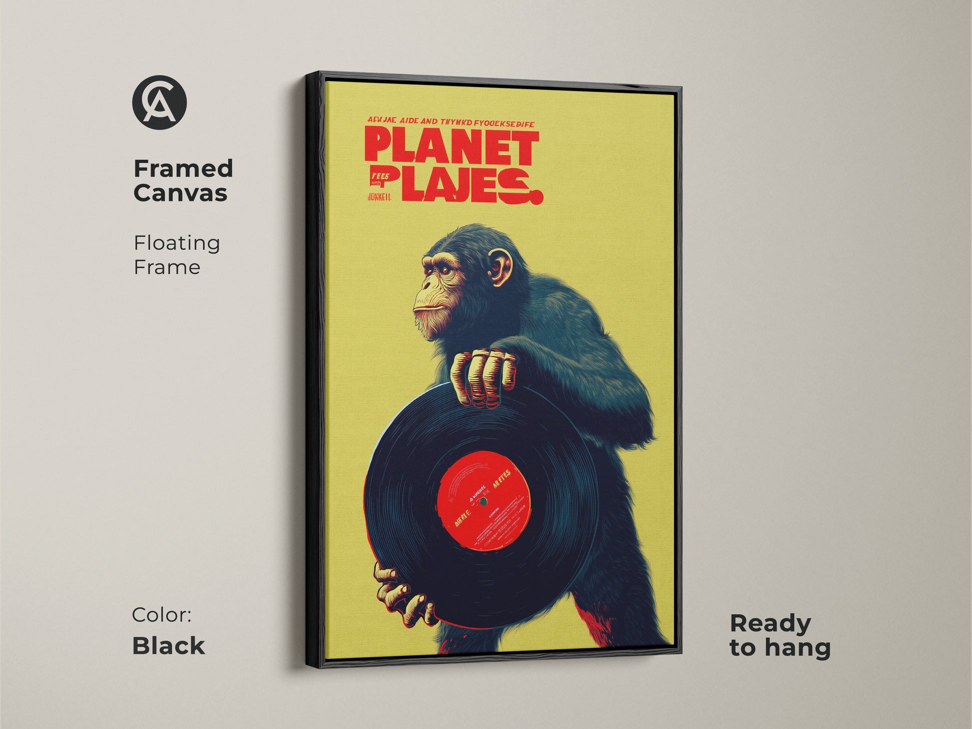Framed canvas featuring a chimpanzee holding a vinyl record art print in a black floating frame. This eclectic animal artwork adds a retro music vibe to your space. The vibrant lime and red colors make it a unique piece for a den or office wall decor.