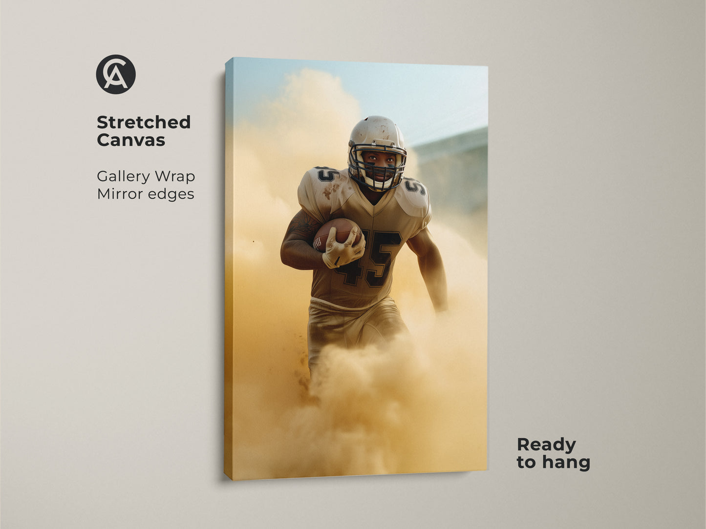 A stretched canvas print displays a football player mid-action. The gallery wrap features mirror edges for a seamless look. Ready to hang this modern sports art brings energy to any room. It's the perfect wall art for game rooms or sports-themed spaces.