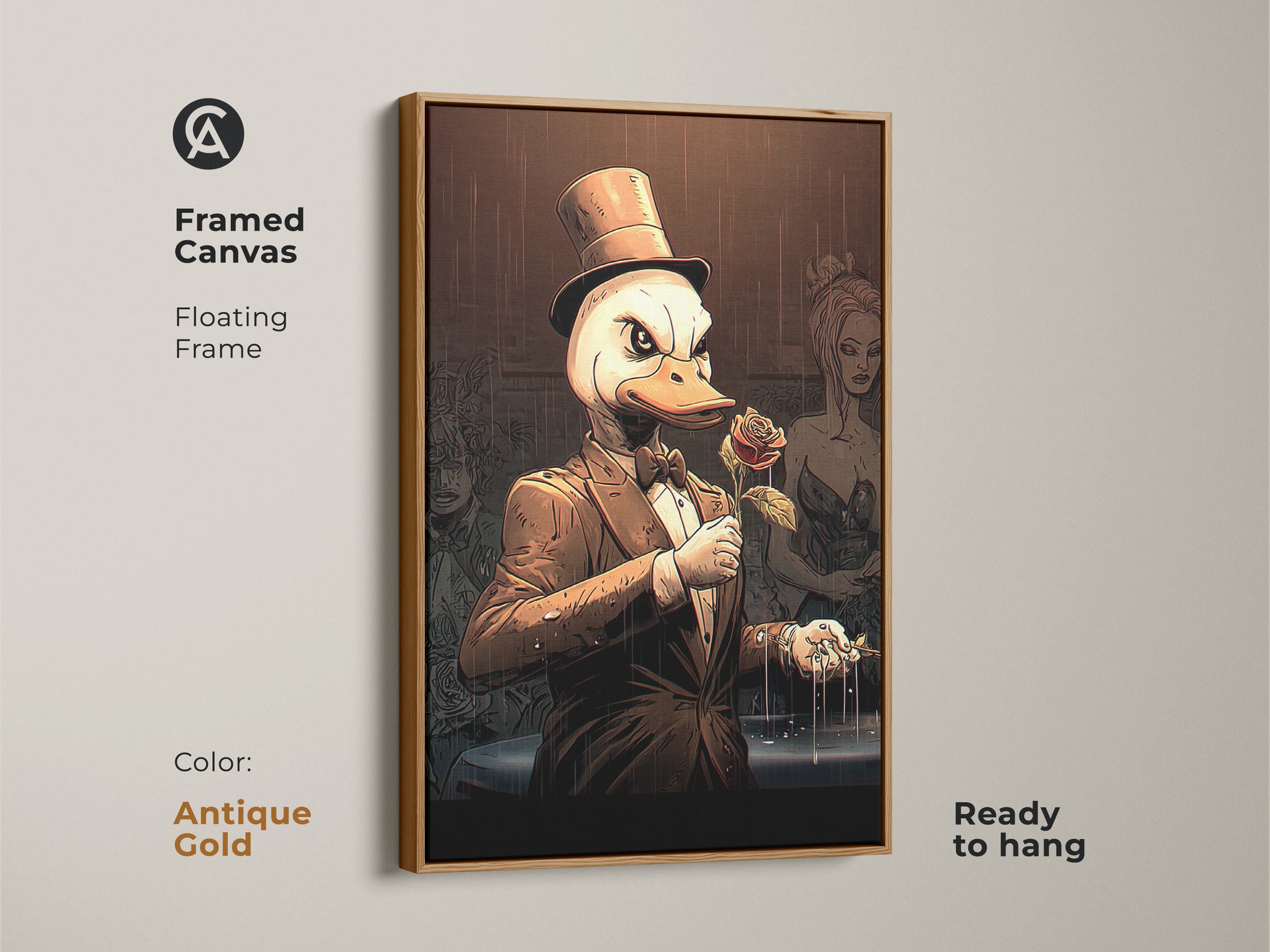 This framed canvas has a floating frame in antique gold. The top hat duck artwork is ready to hang. The artistic animal wall art features a rose holding duck canvas. This is unique office wall decor.