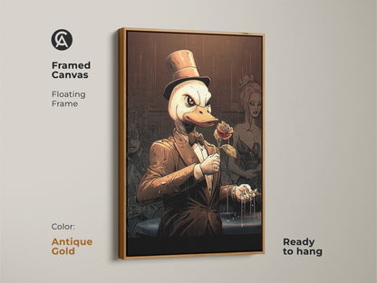 This framed canvas has a floating frame in antique gold. The top hat duck artwork is ready to hang. The artistic animal wall art features a rose holding duck canvas. This is unique office wall decor.