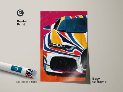 Poster print showcasing abstract automotive art. This contemporary car artwork displays a supercar in yellow blue and red. Rolled in a tube it's easy to frame. Perfect wall decor for car enthusiasts or a man cave.