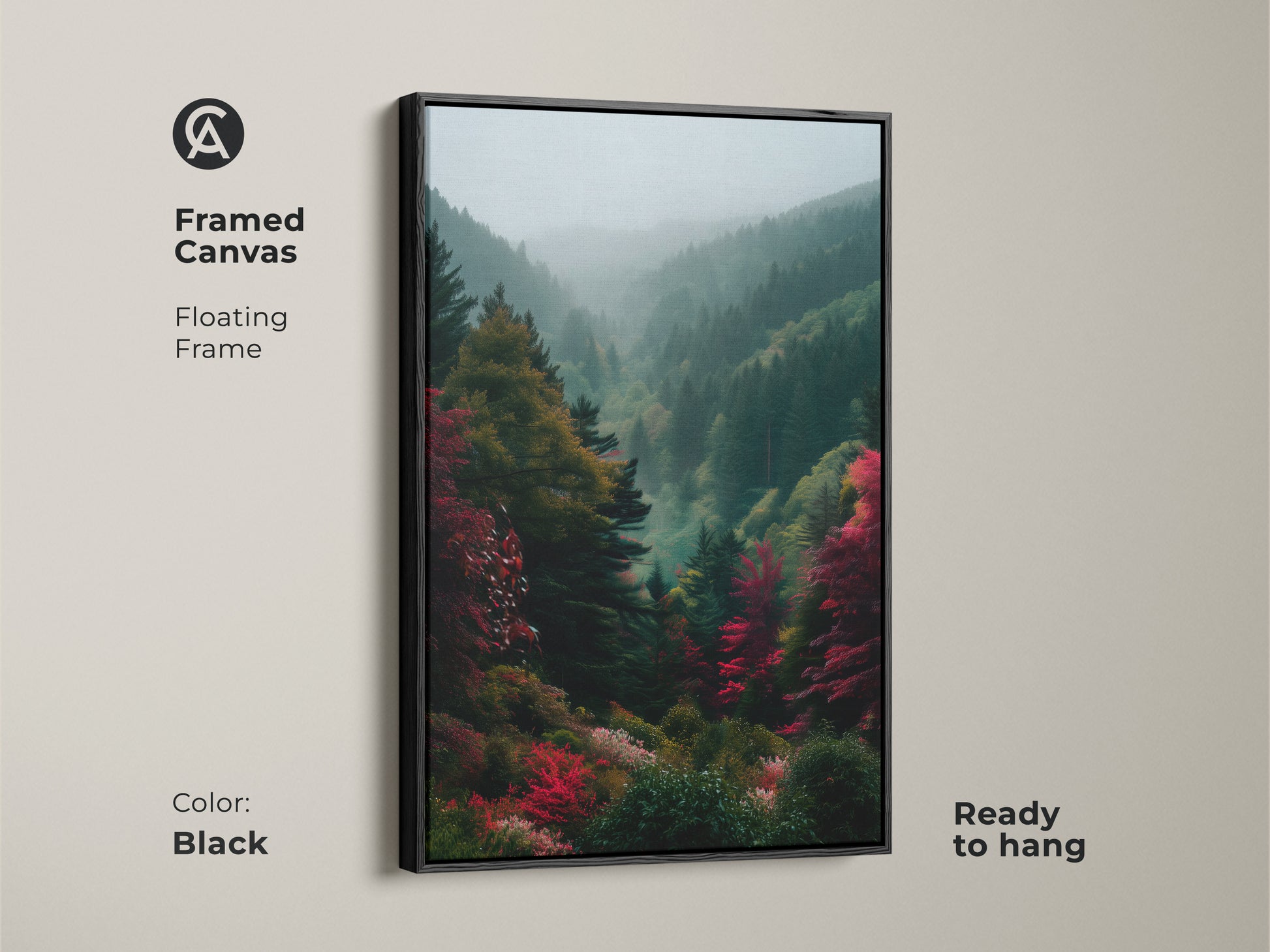Black framed canvas art featuring a misty mountain forest. Ready to hang this floating frame artwork. Elevate your space with this captivating landscape artwork. Shop now for fine art prints.