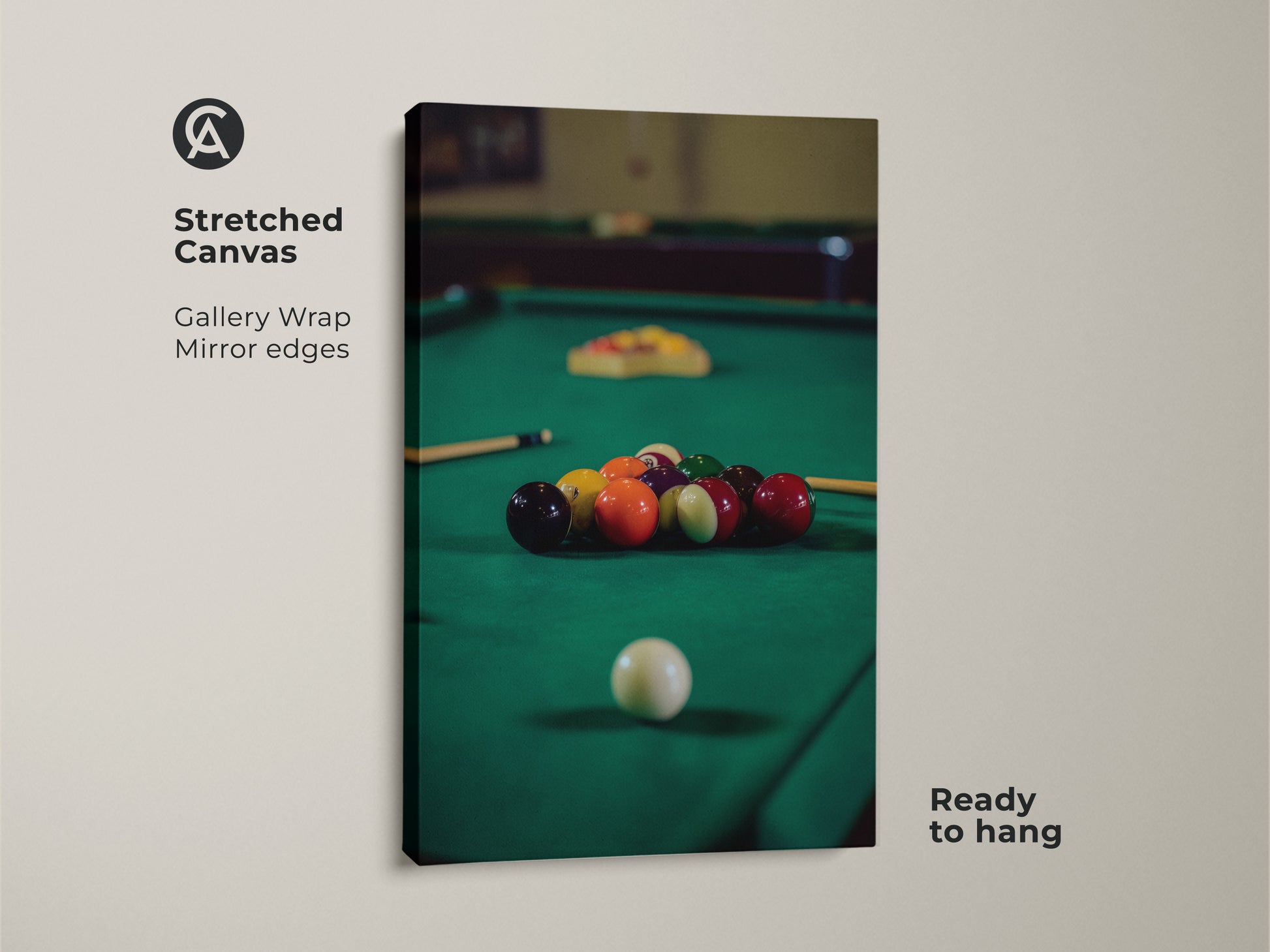 Stretched canvas shows billiard balls on a pool table in emerald green. This gallery-wrapped artwork is ready to hang. It's ideal game room decor and a unique man cave gift. The billiard balls canvas print enhances any leisure room.