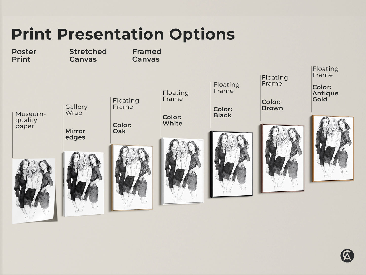 Print presentation options for a fashion sketch wall art. Includes poster prints stretched canvas and framed canvas options. Choose black white oak brown or antique gold frames for monochrome line art.