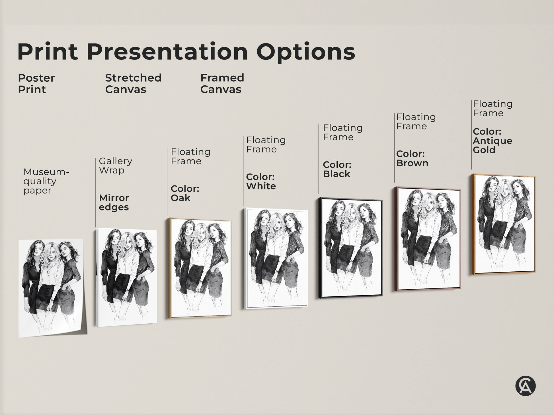 Print presentation options for a fashion sketch wall art. Includes poster prints stretched canvas and framed canvas options. Choose black white oak brown or antique gold frames for monochrome line art.