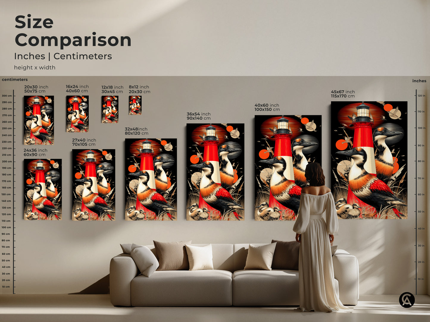 This size comparison displays the red lighthouse and birds artwork. It is a retro coastal canvas that fits perfectly above any furniture. This nautical art makes a unique and stylish decor. From small prints to large statement pieces find the ideal size for your coastal-themed space.