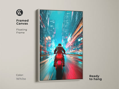 Framed canvas of a cyberpunk cityscape. The artwork captures a motorcycle rider in motion. The white floating frame offers a clean modern look. This neon blue and red art print is ready to hang. It is perfect for contemporary art lovers.