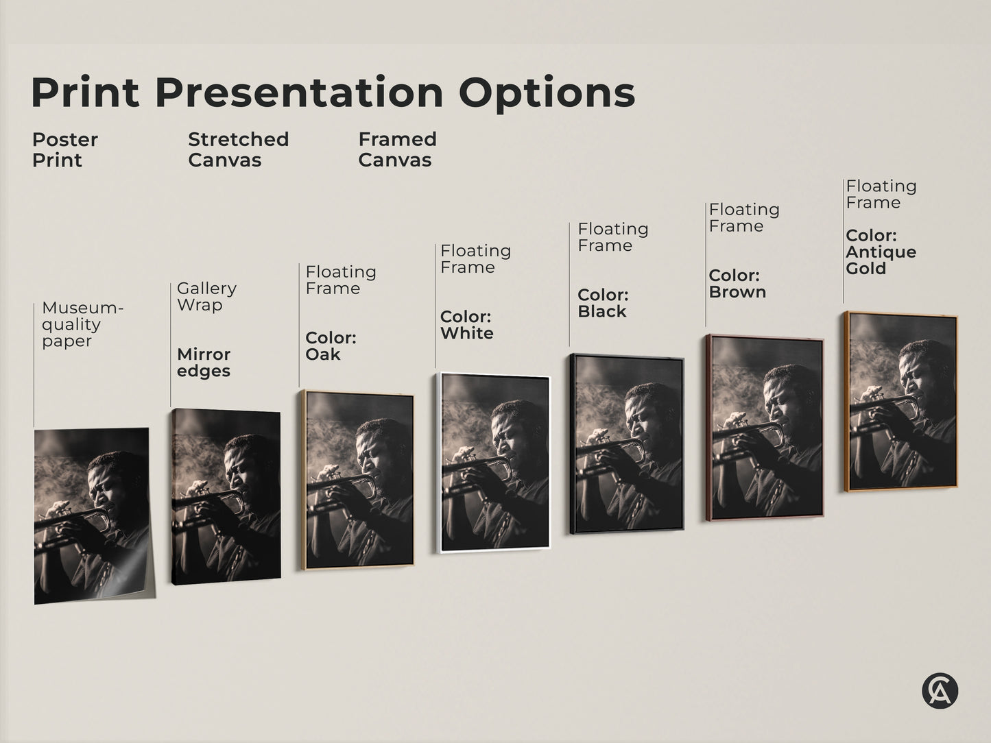 Explore print presentation options. See poster prints stretched canvases and framed canvases. Choose from various frame colors like black brown antique gold. Find the perfect style to showcase this musician artwork. Shop now