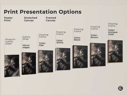 Explore print presentation options. See poster prints stretched canvases and framed canvases. Choose from various frame colors like black brown antique gold. Find the perfect style to showcase this musician artwork. Shop now
