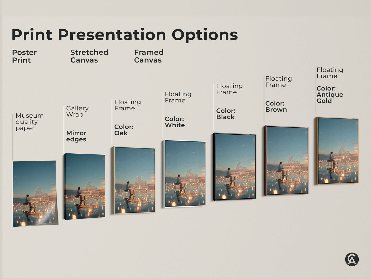 Explore our print presentation options. From poster prints to stretched and framed canvas. Choose the perfect style for your home decor. Find museum-quality paper gallery wraps and floating frames in various colors.