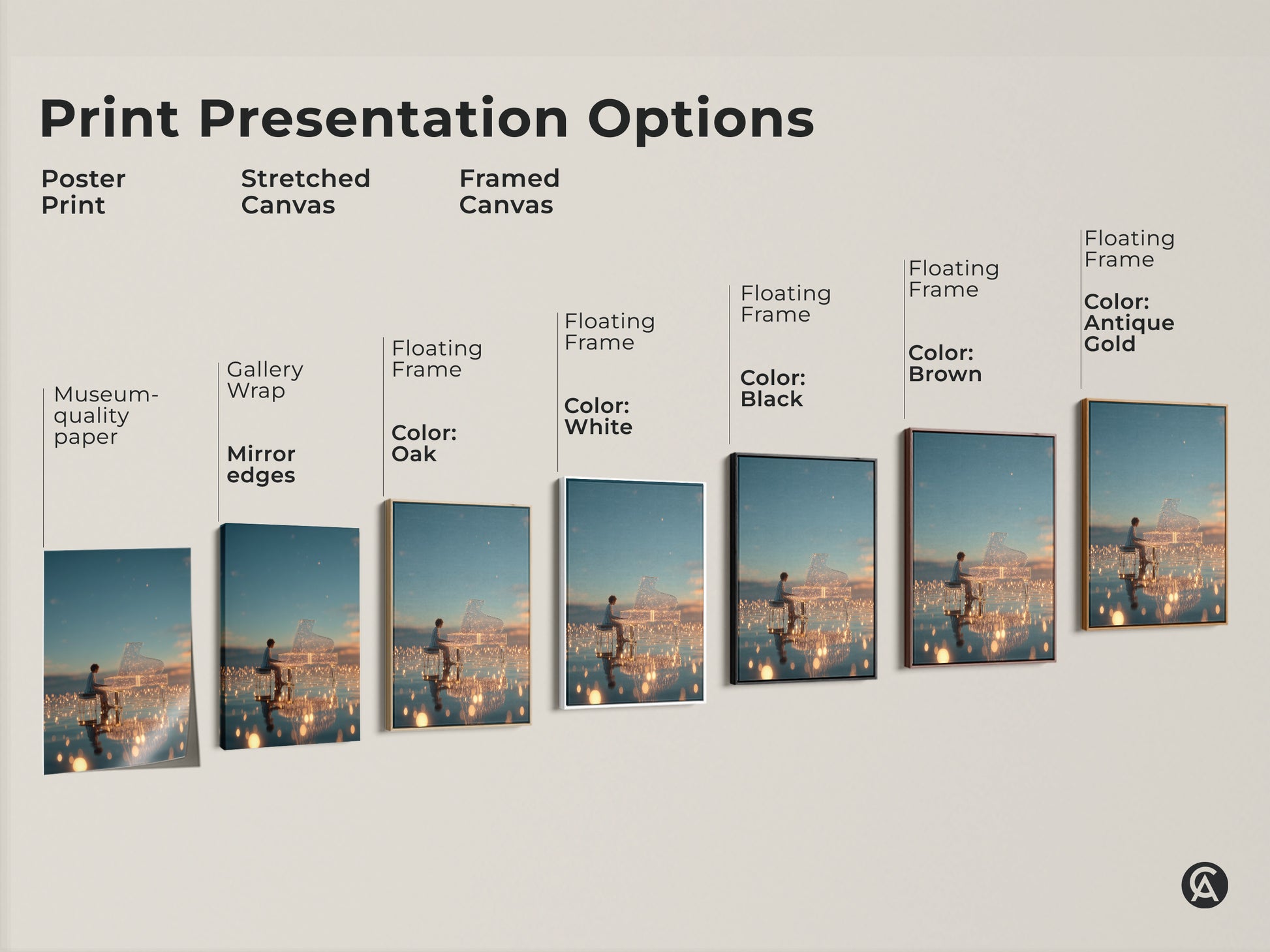 Explore our print presentation options. From poster prints to stretched and framed canvas. Choose the perfect style for your home decor. Find museum-quality paper gallery wraps and floating frames in various colors.