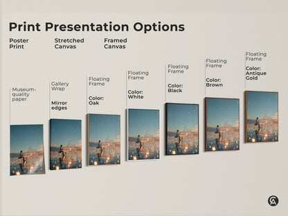 Explore our print presentation options. From poster prints to stretched and framed canvas. Choose the perfect style for your home decor. Find museum-quality paper gallery wraps and floating frames in various colors.
