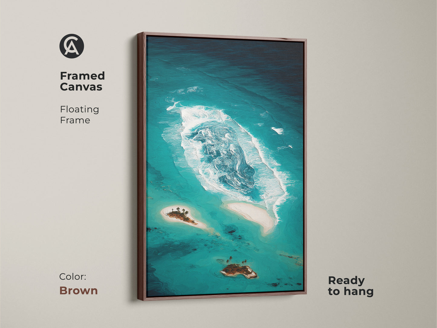 Framed canvas of an abstract teal ocean is ready to hang. The brown floating frame complements the coastal island artwork. This tropical beach landscape features deep teal and aqua tones. This turquoise ocean art is a sophisticated choice.