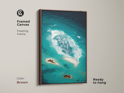 Framed canvas of an abstract teal ocean is ready to hang. The brown floating frame complements the coastal island artwork. This tropical beach landscape features deep teal and aqua tones. This turquoise ocean art is a sophisticated choice.