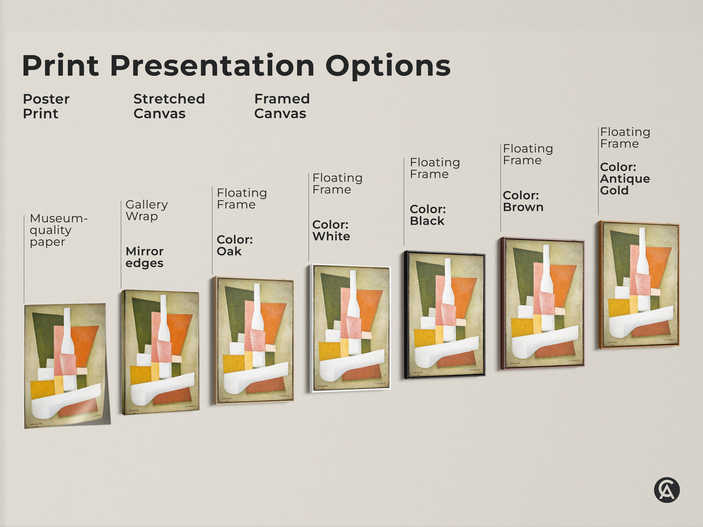 Explore print presentation options for this geometric still life artwork. Choose from poster prints stretched canvas and framed canvas. Various floating frame colors available. Find the perfect medium for this modern abstract painting. Elevate your home decor.
