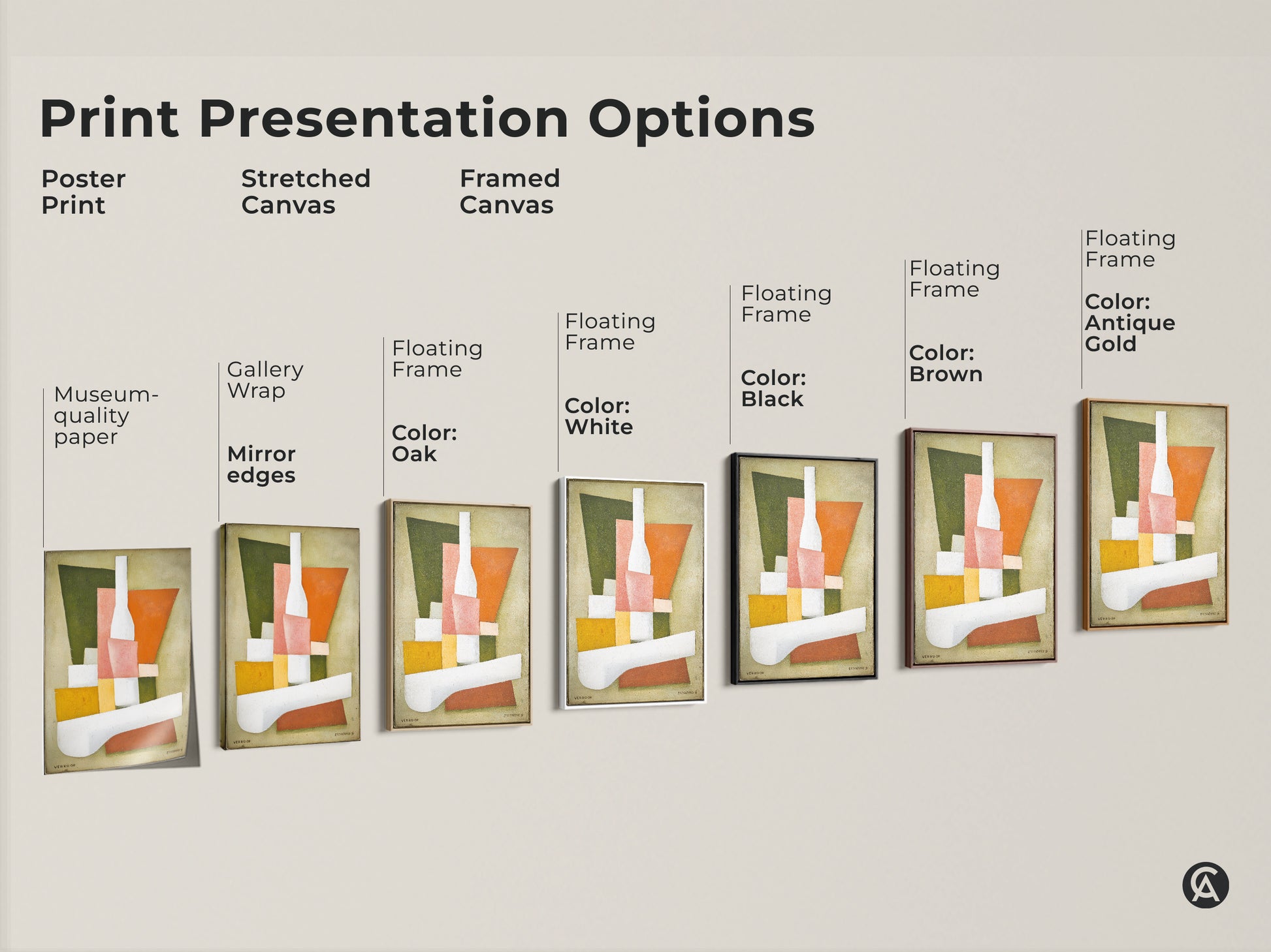 Explore print presentation options for this geometric still life artwork. Choose from poster prints stretched canvas and framed canvas. Various floating frame colors available. Find the perfect medium for this modern abstract painting. Elevate your home decor.