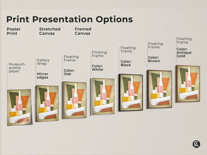 Explore print presentation options for this geometric still life artwork. Choose from poster prints stretched canvas and framed canvas. Various floating frame colors available. Find the perfect medium for this modern abstract painting. Elevate your home decor.