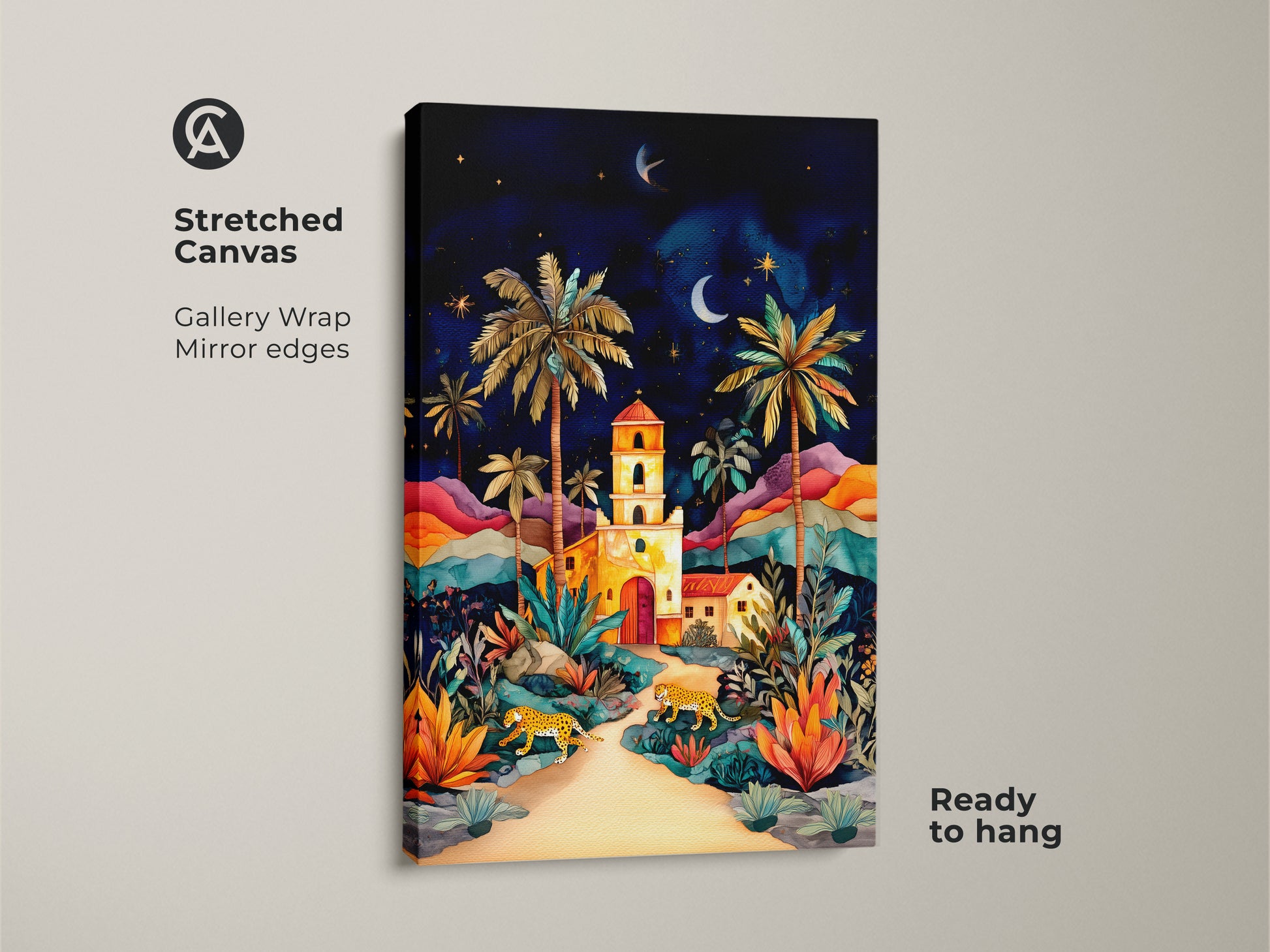 Stretched canvas of folklore night sky art print. This gallery-wrapped canvas has mirror edges and is ready to hang. Showcasing a cheetah and palm tree design. The colorful landscape and deep blue hues bring a bohemian touch to any room. Ideal for adding a vibrant nature-inspired accent to your home.