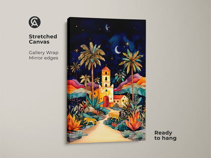 Stretched canvas of folklore night sky art print. This gallery-wrapped canvas has mirror edges and is ready to hang. Showcasing a cheetah and palm tree design. The colorful landscape and deep blue hues bring a bohemian touch to any room. Ideal for adding a vibrant nature-inspired accent to your home.