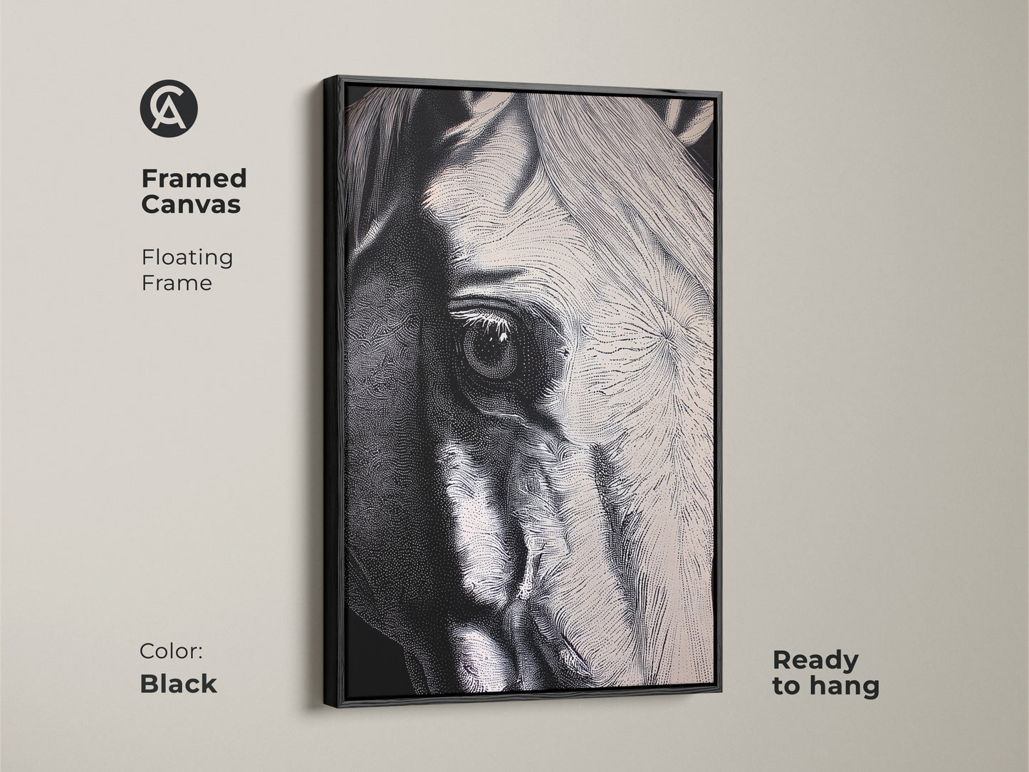Framed canvas featuring a black and white horse art piece. This modern animal wall art comes ready to hang. This contemporary horse portrait adds elegance to any space. It's a perfect gift for horse lovers and anyone seeking unique animal art.