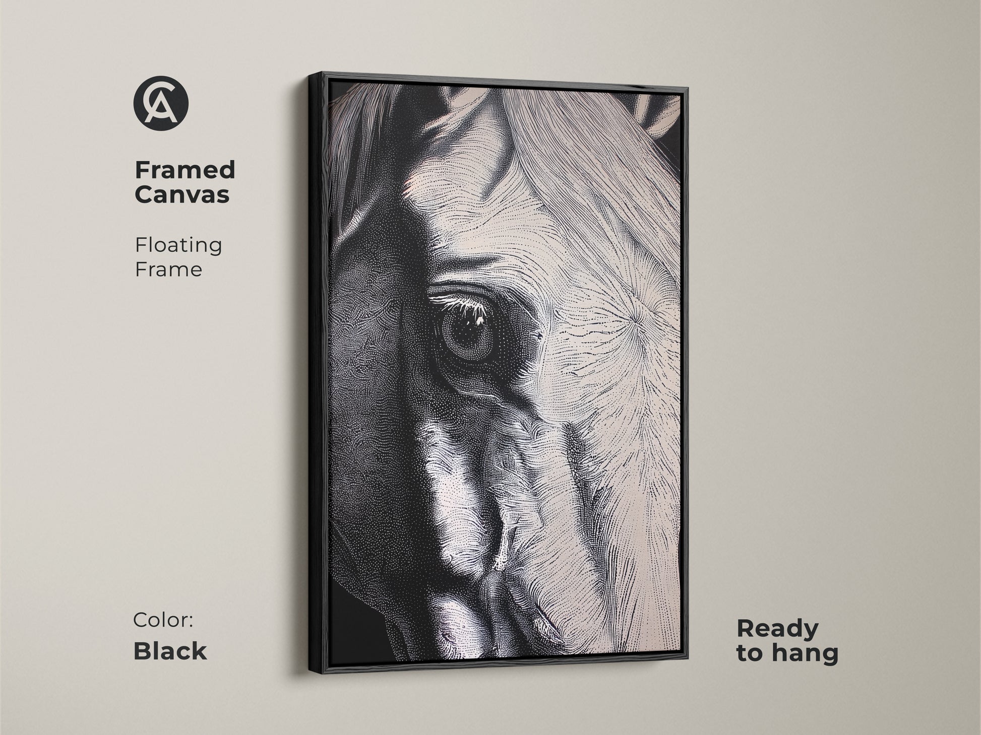 Framed canvas featuring a black and white horse art piece. This modern animal wall art comes ready to hang. This contemporary horse portrait adds elegance to any space. It's a perfect gift for horse lovers and anyone seeking unique animal art.