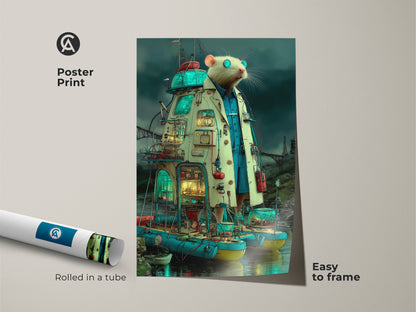 Poster print featuring a steampunk rat scientist. The surreal laboratory wall art is rolled in a tube for easy framing. This eclectic animal canvas print would make a fun quirky office wall hanging.