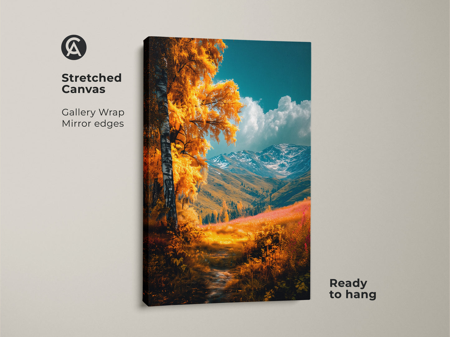 A stunning stretched canvas print of a golden autumn landscape. The birch tree is the focal point of this gallery-wrapped artwork. The mirror edges enhance the immersive experience. This ready-to-hang piece brings nature's beauty to your space.