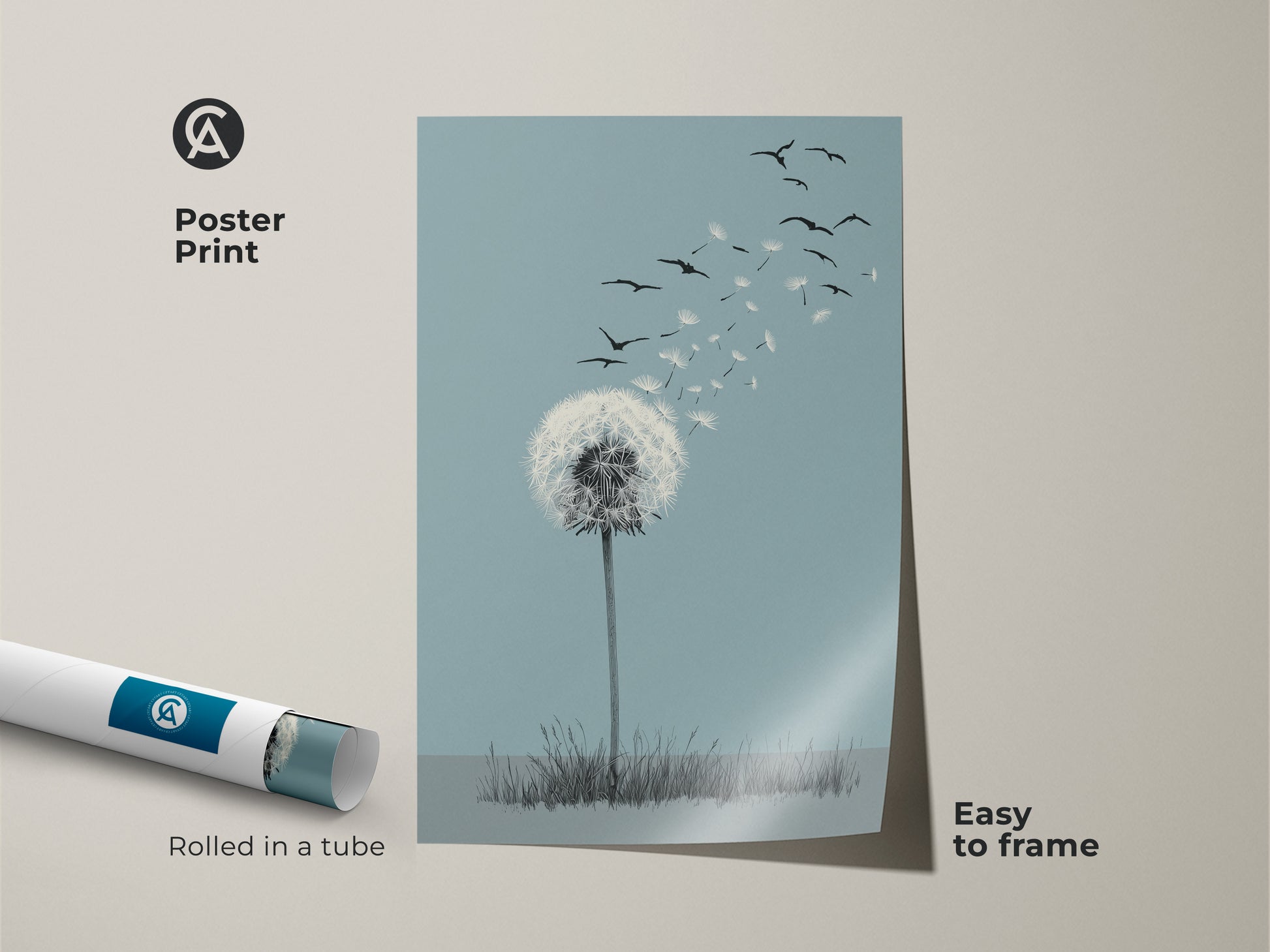 Poster print of a dandelion seed releasing into the wind with birds. The minimalist botanical line art is set against a sky blue background. This nature inspired wall art adds a gentle movement to any room. Easy to frame and perfect as a housewarming gift. This artwork brings a sense of aspiration to your home.