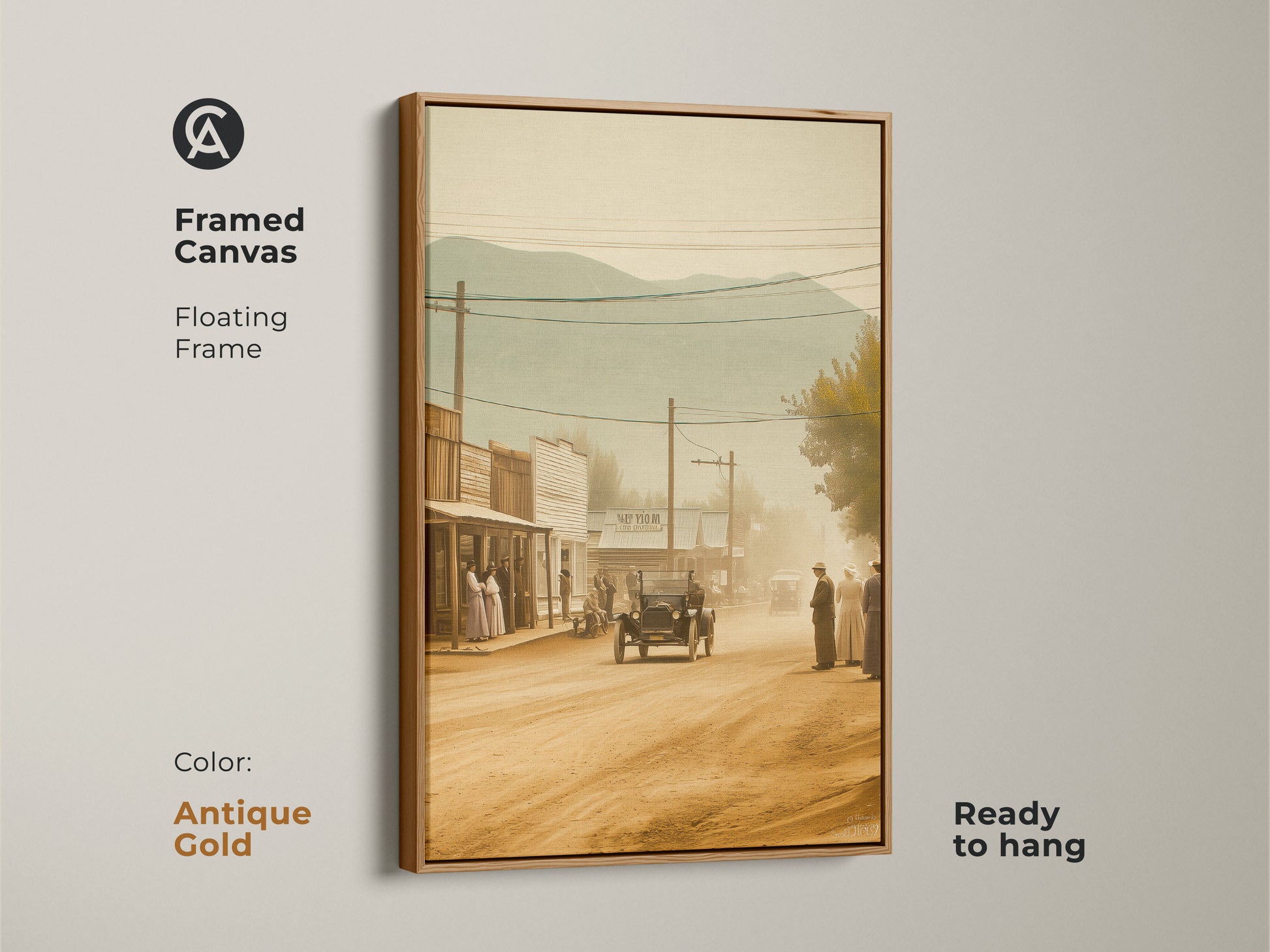 Framed canvas art in antique gold. The artwork presents a sepia toned image of a vintage western town. The floating frame adds an elegant touch. This ready to hang art print brings a classic feel to your space. Ideal for creating a refined and timeless atmosphere.