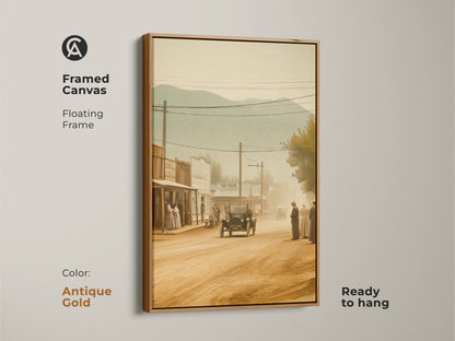 Framed canvas art in antique gold. The artwork presents a sepia toned image of a vintage western town. The floating frame adds an elegant touch. This ready to hang art print brings a classic feel to your space. Ideal for creating a refined and timeless atmosphere.