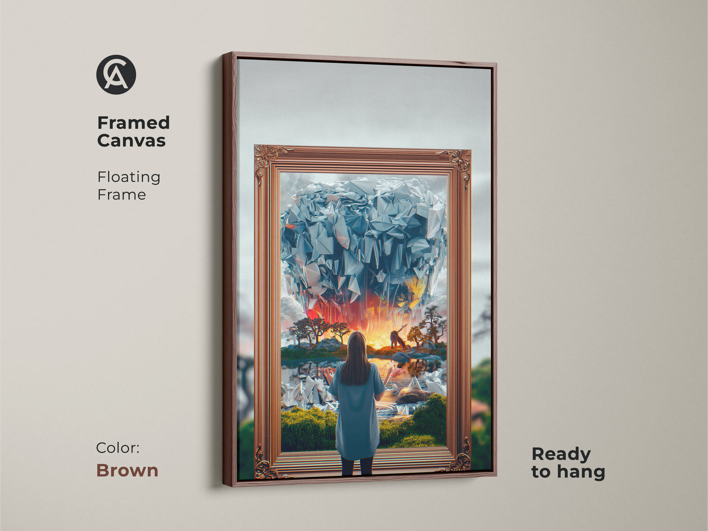 Framed Canvas Fantasy Art in Brown. This surreal dreamscape depicts a woman gazing into an abstract crystal world. The blue orange yellow art adds color to any room. Perfect for eclectic bedroom decor. A unique dreamer's gift idea ready to hang.
